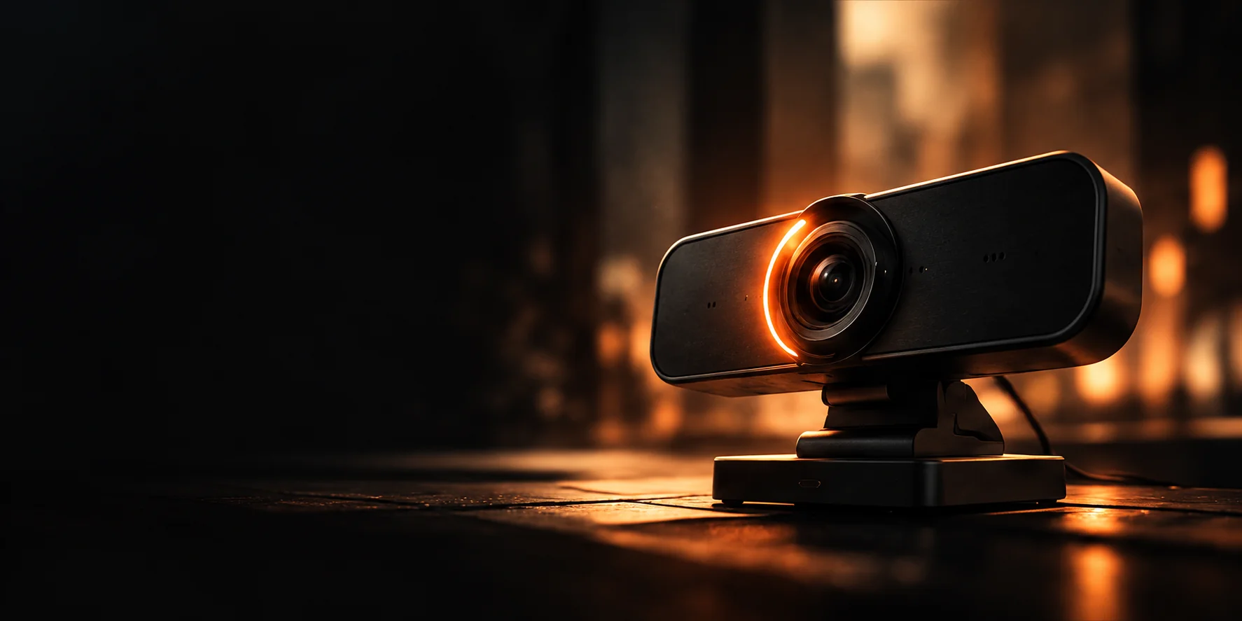 Cinematic concept artwork of a webcam in warm copper light